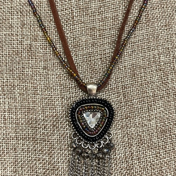 Boho Style Suede Cord & Beaded Necklace Beaded & Chain Embellished Pendant - Picture 2 of 13